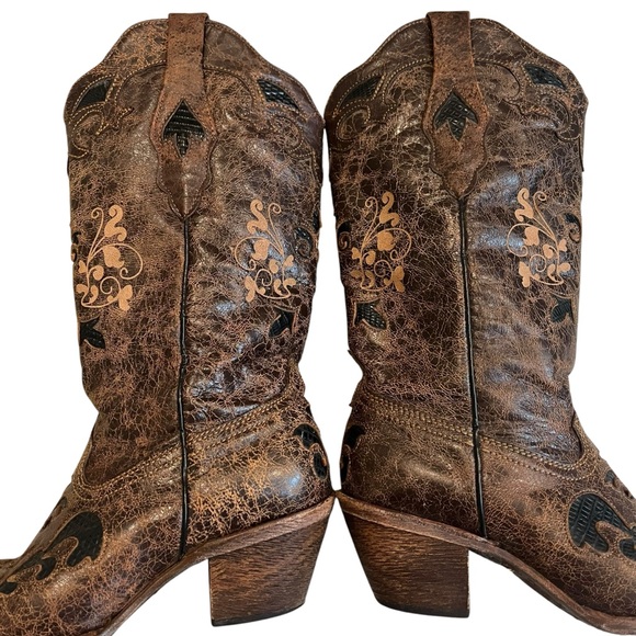 Corral Boots Brown Distressed Lizard Inlay Snip Toe style C2118, Sz 7 - Picture 10 of 16
